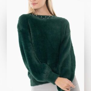 Molly Bracken Dark Green Fuzzy Sweater with Pearl Details